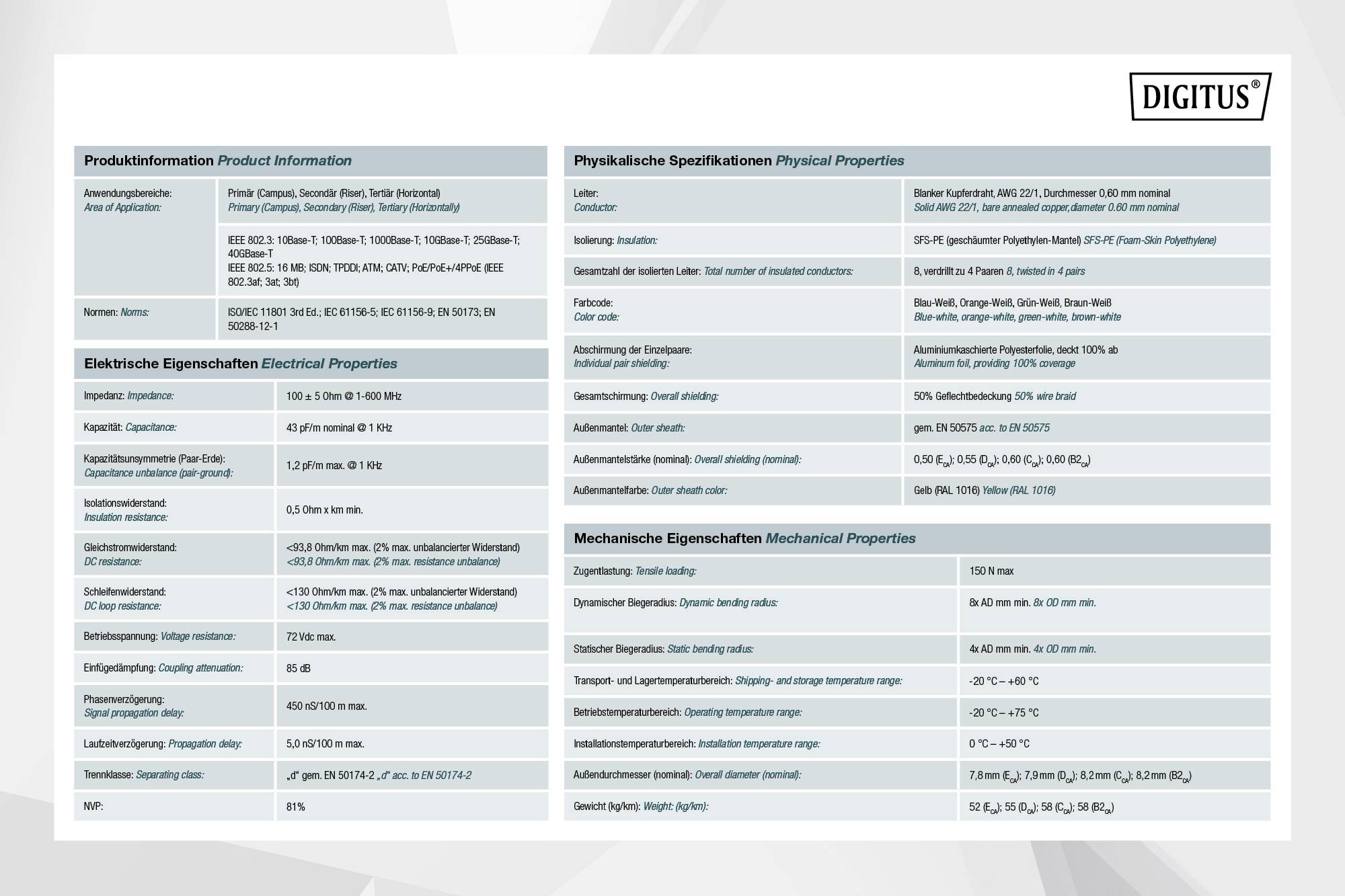 Digitus DK-1843-VH-1 Netzwerkkabel CAT 8.1 S/FTP 4 x 2 x 0.32mm² Grün 100m