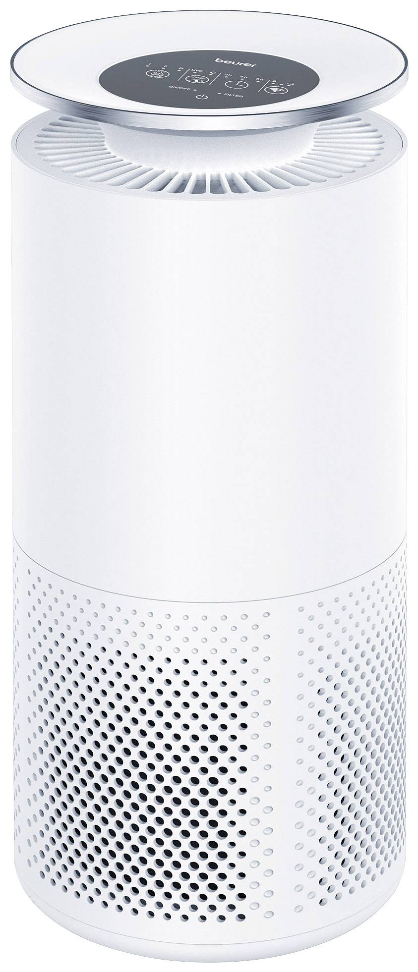Ein weißer Luftreiniger mit zylindrischem Design und digitalem Display oben, das verschiedene Symbole und Informationen anzeigt.