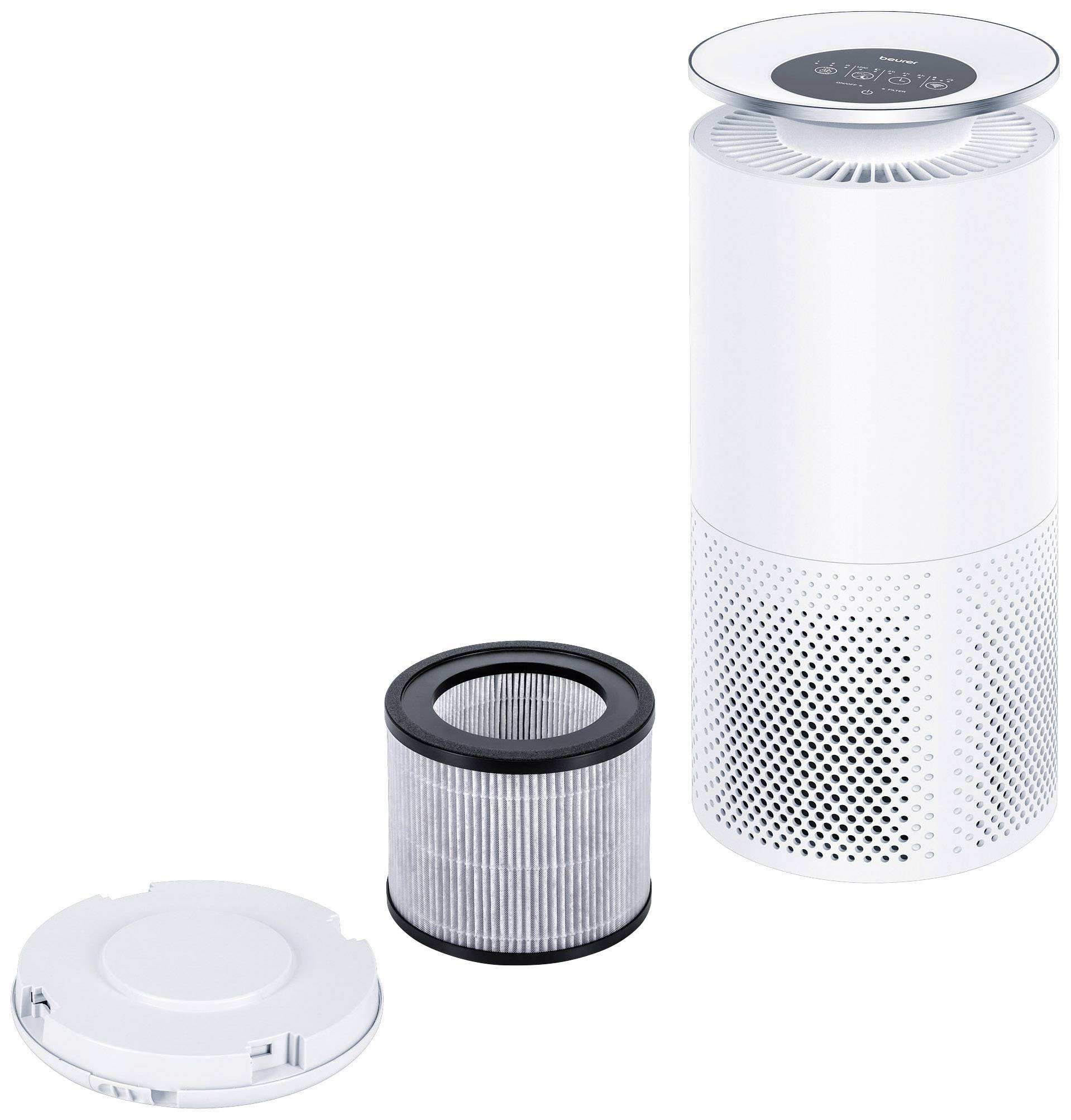 Luftreiniger mit abnehmbarem Filter und Abdeckung, geeignet für die Reinigung von Räumen mittels Luftfiltrationstechnologie.