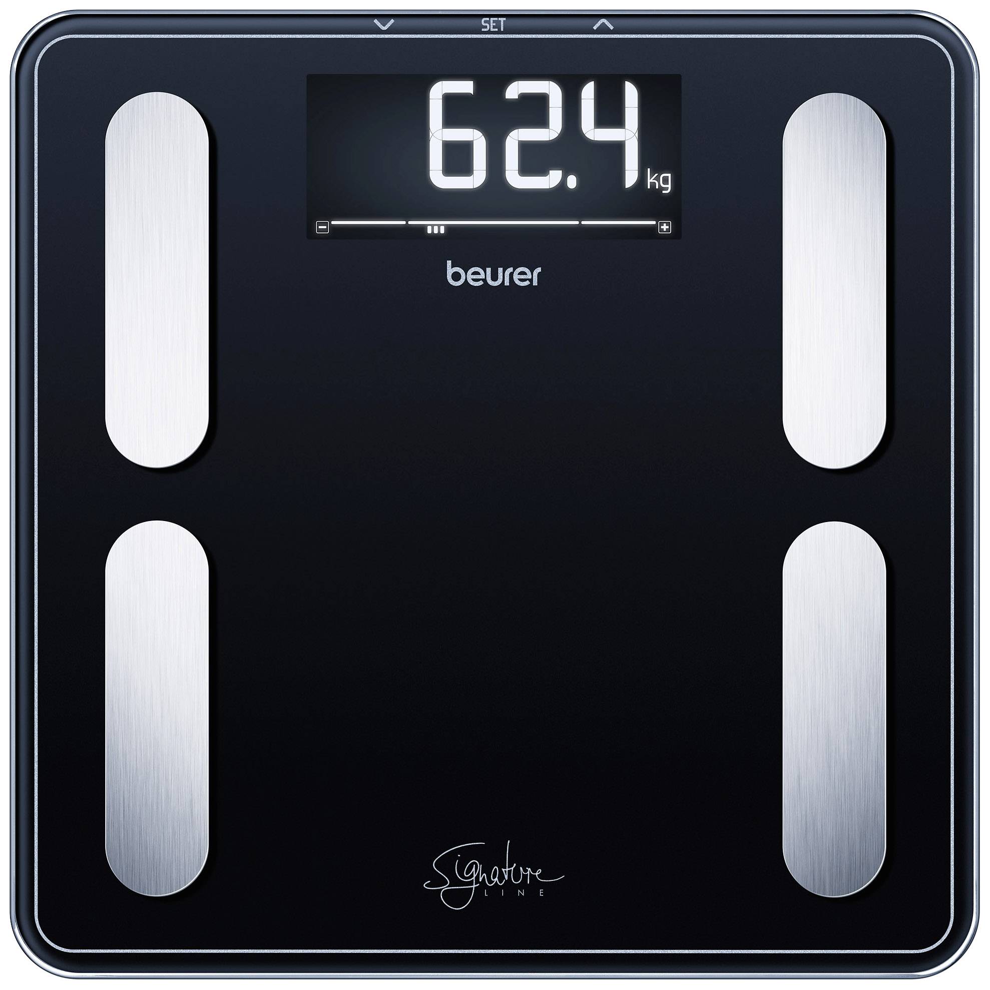 Eine digitale Waage zeigt ein Gewicht von 62,4 kg an.