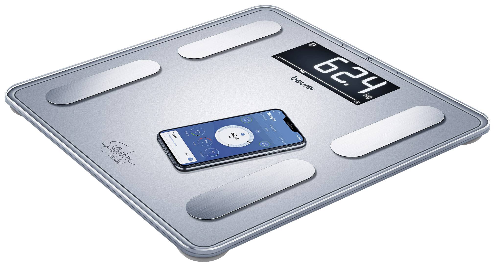 Digitale Personenwaage mit Smartphone-App-Integration, zeigt Gewicht '62,4'. Smartphone auf der Waage zeigt Apps mit Gewichtsdaten.