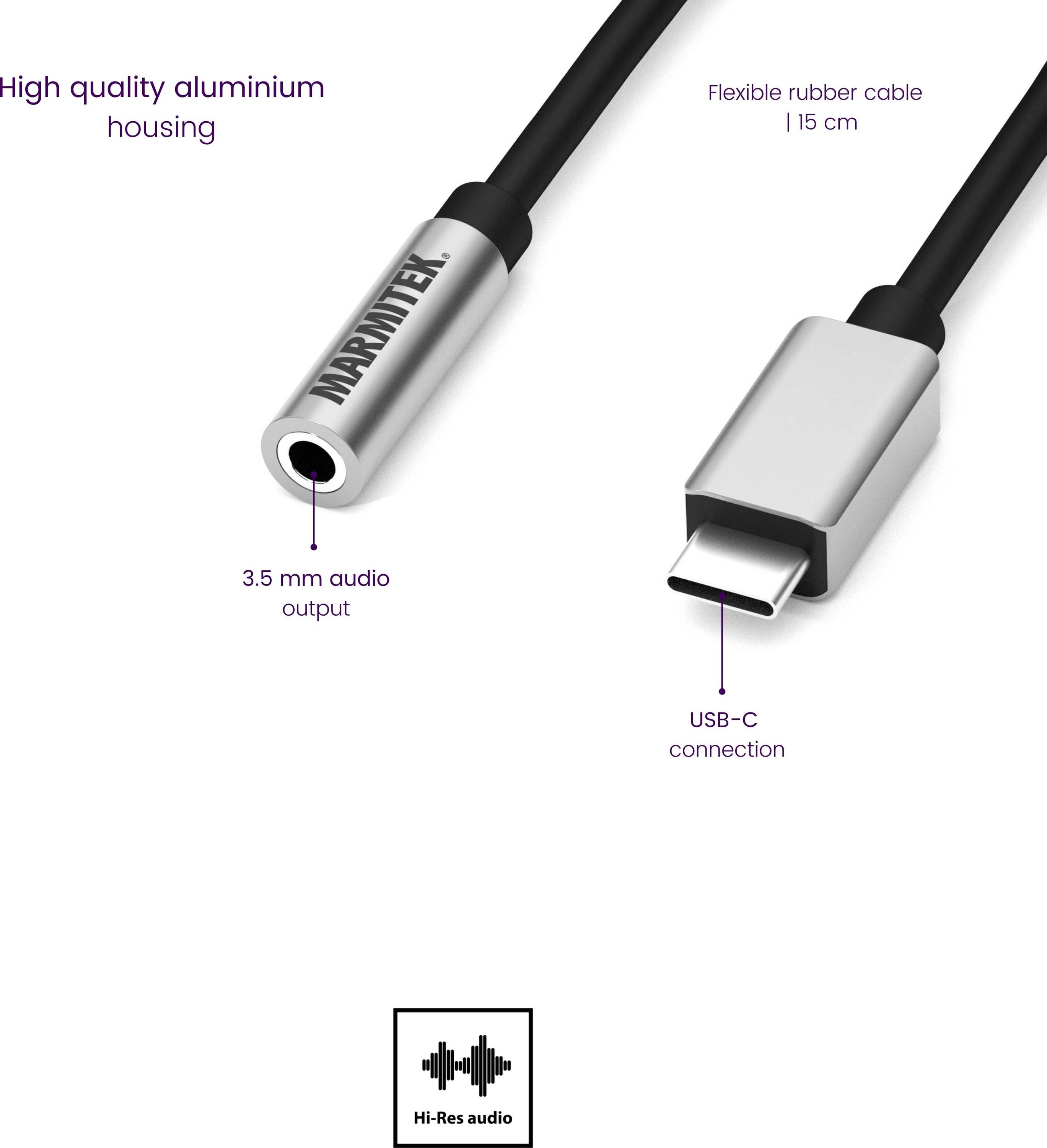 Abbildung eines Audio-Adapters: Aluminiumgehäuse mit 3,5 mm Audioausgang, flexiblem 15 cm Kabel, USB-C-Anschluss. Hi-Res Audio-Symbol.