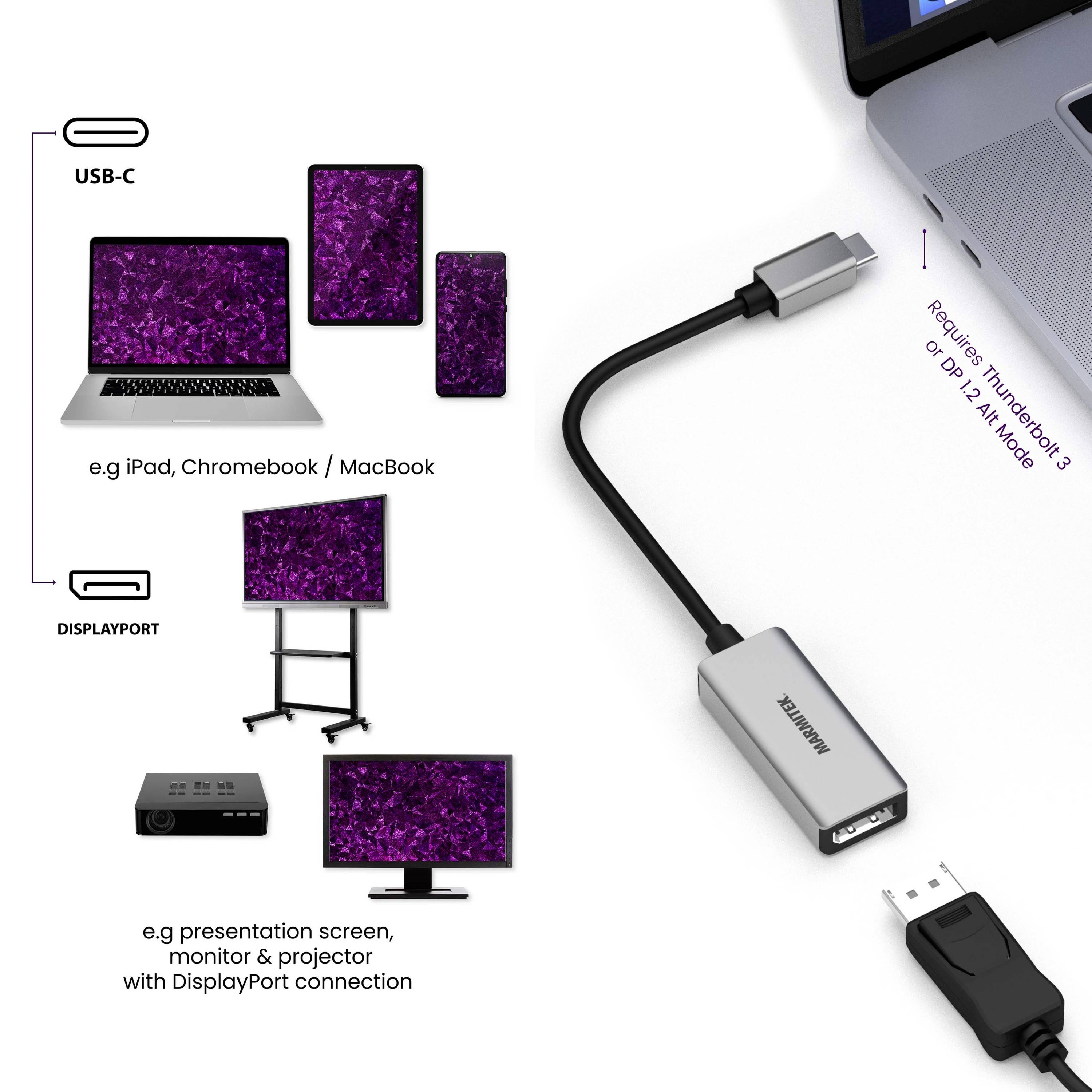 USB-C-Hub verbindet Laptops mit Displays über DisplayPort, geeignet für iPad, Chromebook, MacBook. Unterstützt Projektoren und Monitore.