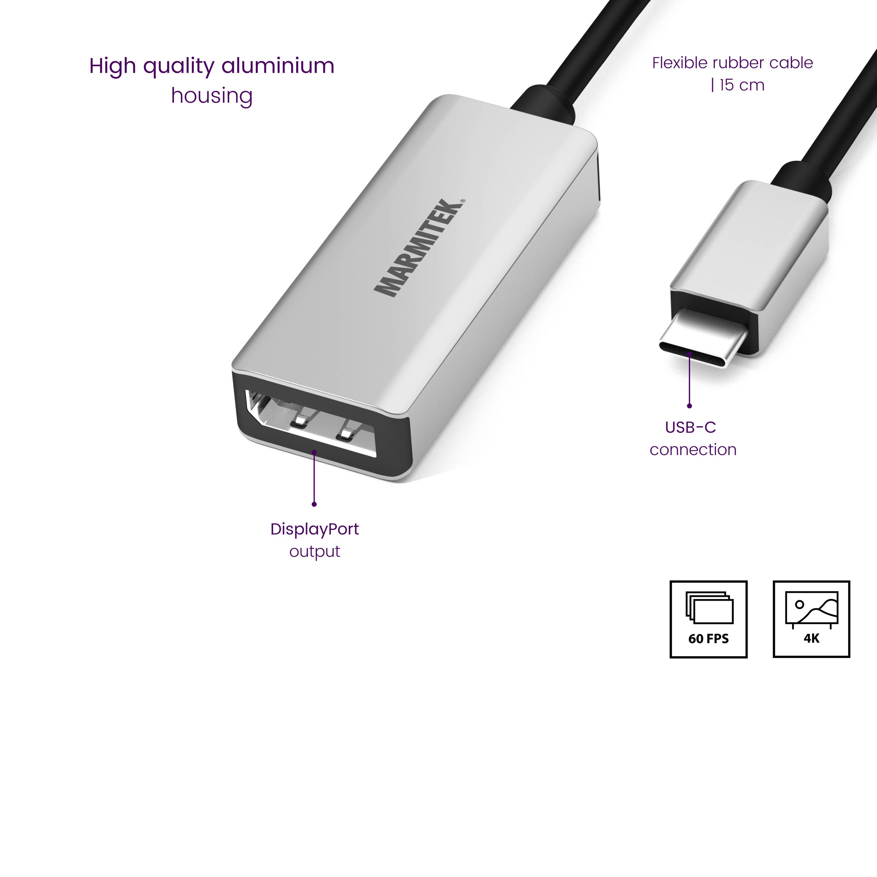 Ein Adapter mit hochwertigem Aluminiumgehäuse, DisplayPort-Ausgang, USB-C-Anschluss und einem flexiblen 15 cm langen Kabel.