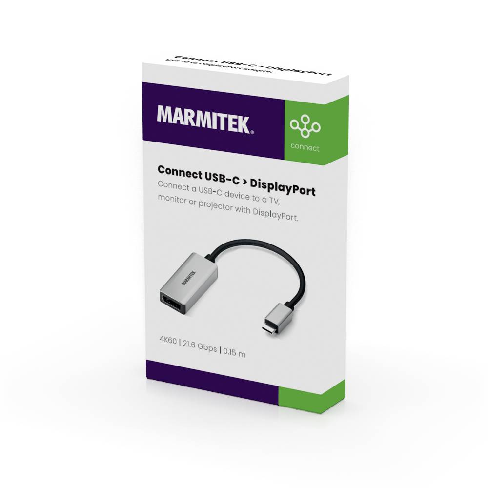 Verpackung eines Marmitek USB-C-zu-DisplayPort-Adapters, unterstützt 4K60, 21.6 Gbps, 0.15 m Länge.