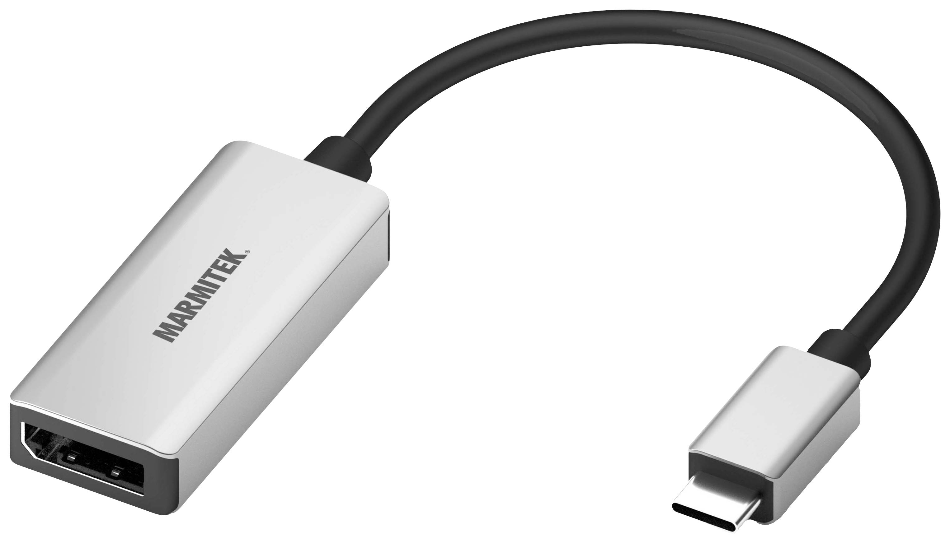 USB-C-zu-HDMI-Adapterkabel mit silbernem Gehäuse, geeignet zum Verbinden von USB-C-Geräten mit HDMI-Bildschirmen für Audio- und Videoübertragung.