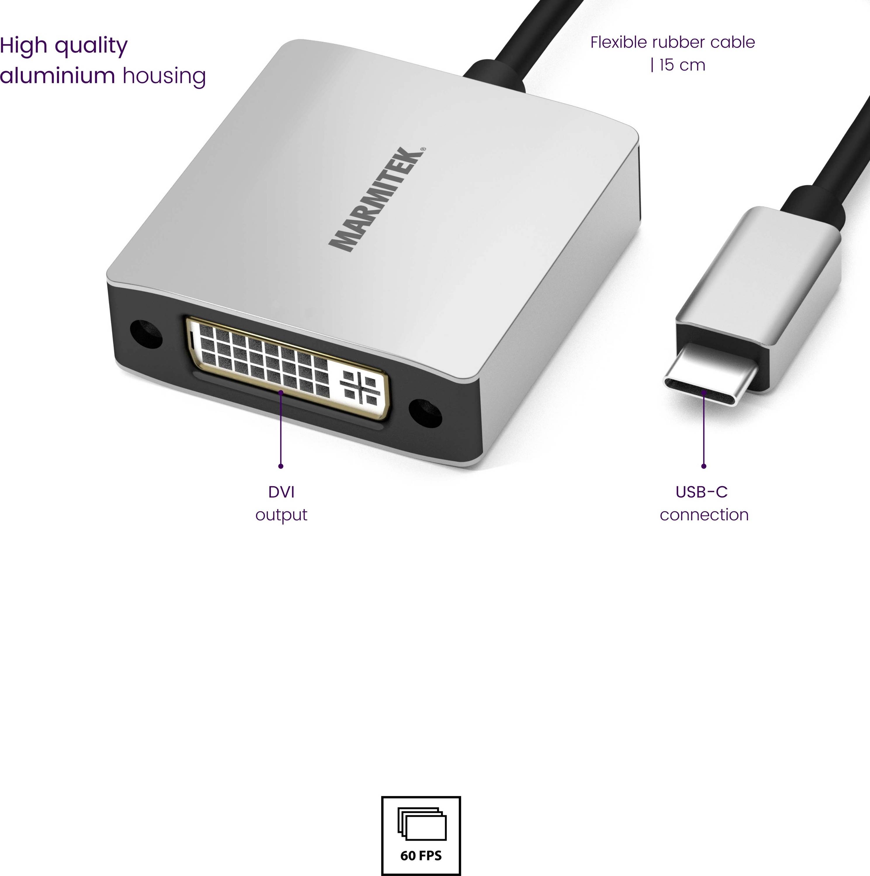 DVI auf USB-C Adapter mit hochwertigem Aluminiumgehäuse. DVI-Ausgang, flexibles 15 cm Gummikabel, USB-C Anschluss.