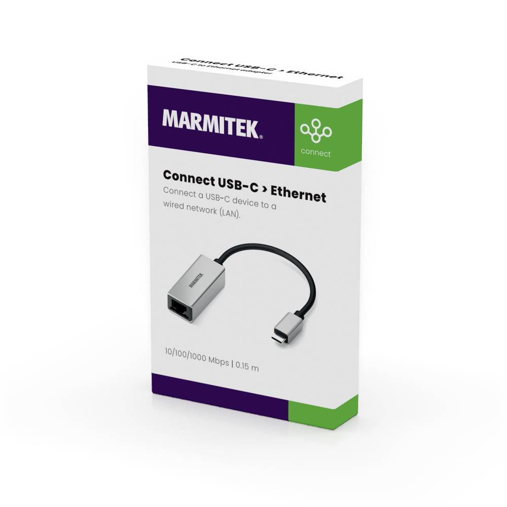 Verpackung eines Marmitek USB-C zu Ethernet Adapters. Text: 'Connect USB-C zu Ethernet'. Zeigt Adapter und Kabel mit Netzwerkanschluss.