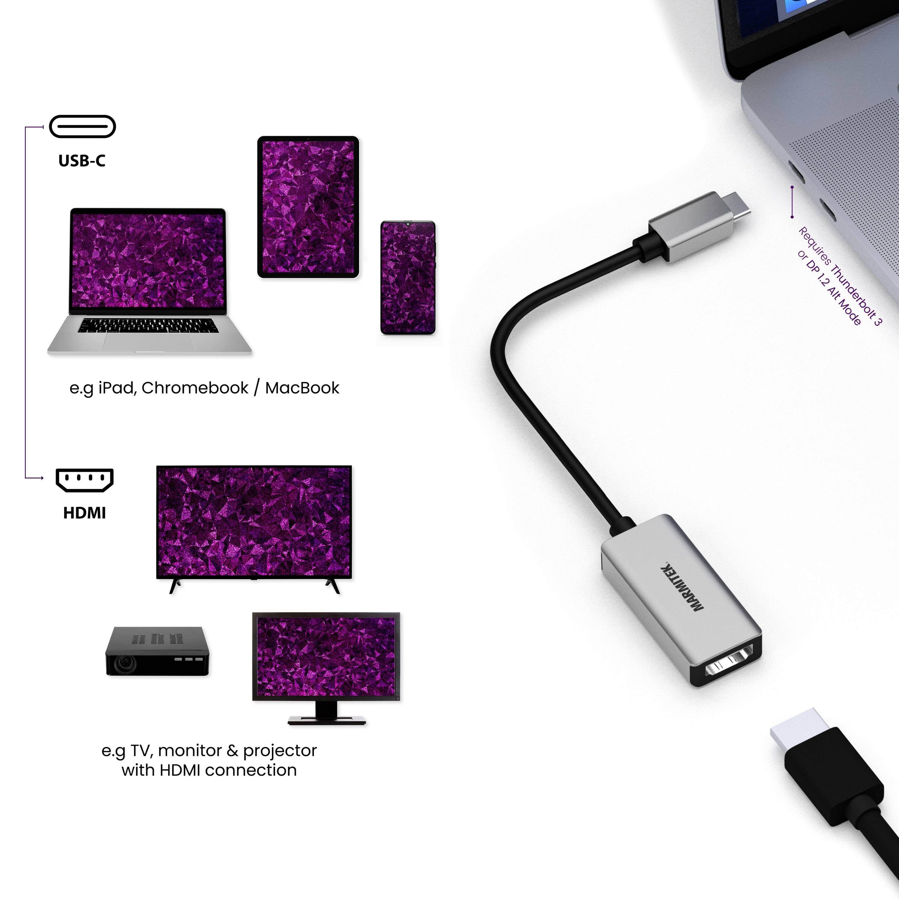 USB-C-auf-HDMI-Adapter verbunden mit Laptop und Fernseher. Kompatibel mit iPad, Chromebook, MacBook; unterstützt HDMI.