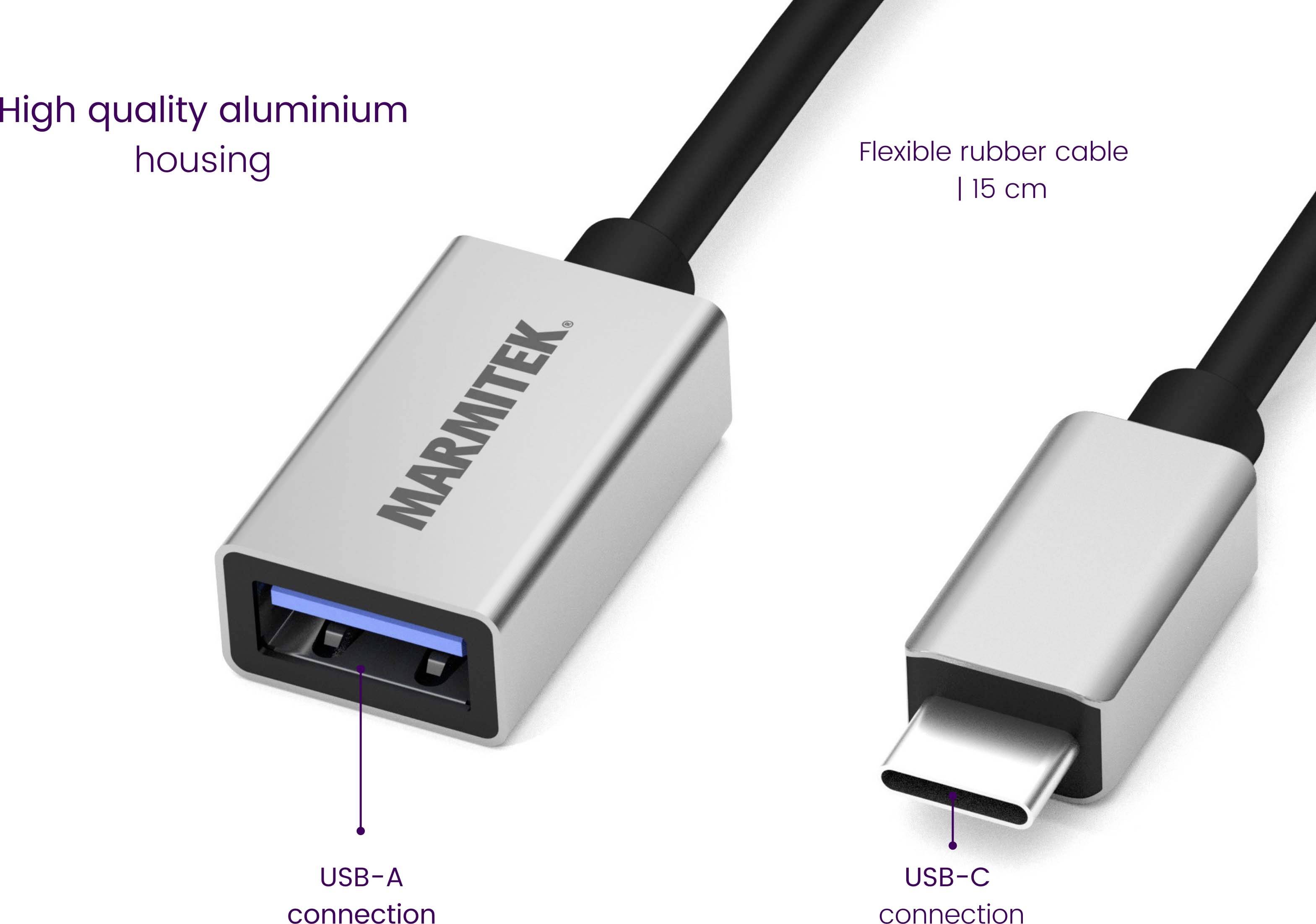 USB-Kabel von Marmitek mit hochwertigem Aluminiumgehäuse. Links: USB-A-Anschluss, rechts: USB-C-Anschluss. Flexibles, 15 cm langes Gummikabel.