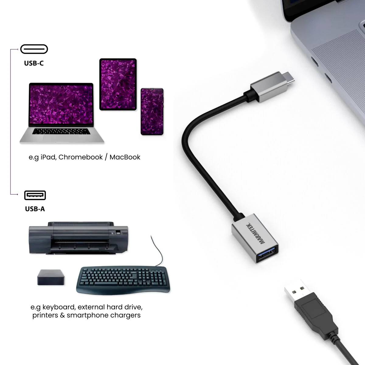 Adapter verbindet USB-C-Geräte wie Laptops, Tablets und Smartphones mit USB-A-Geräten, z.B. Druckern, externen Festplatten und Ladegeräten.