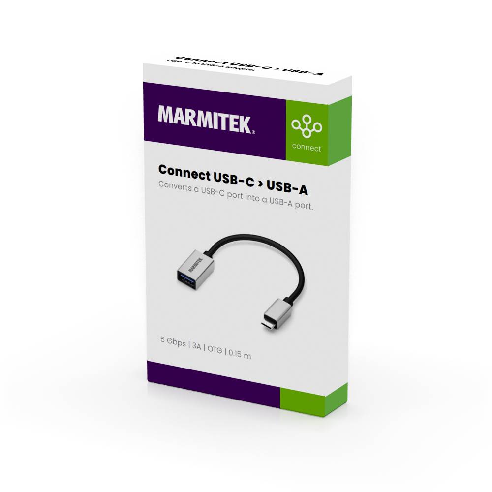 Verpackung eines Marmitek USB-C zu USB-A Adapters, der einen USB-C Anschluss in einen USB-A Port konvertiert.