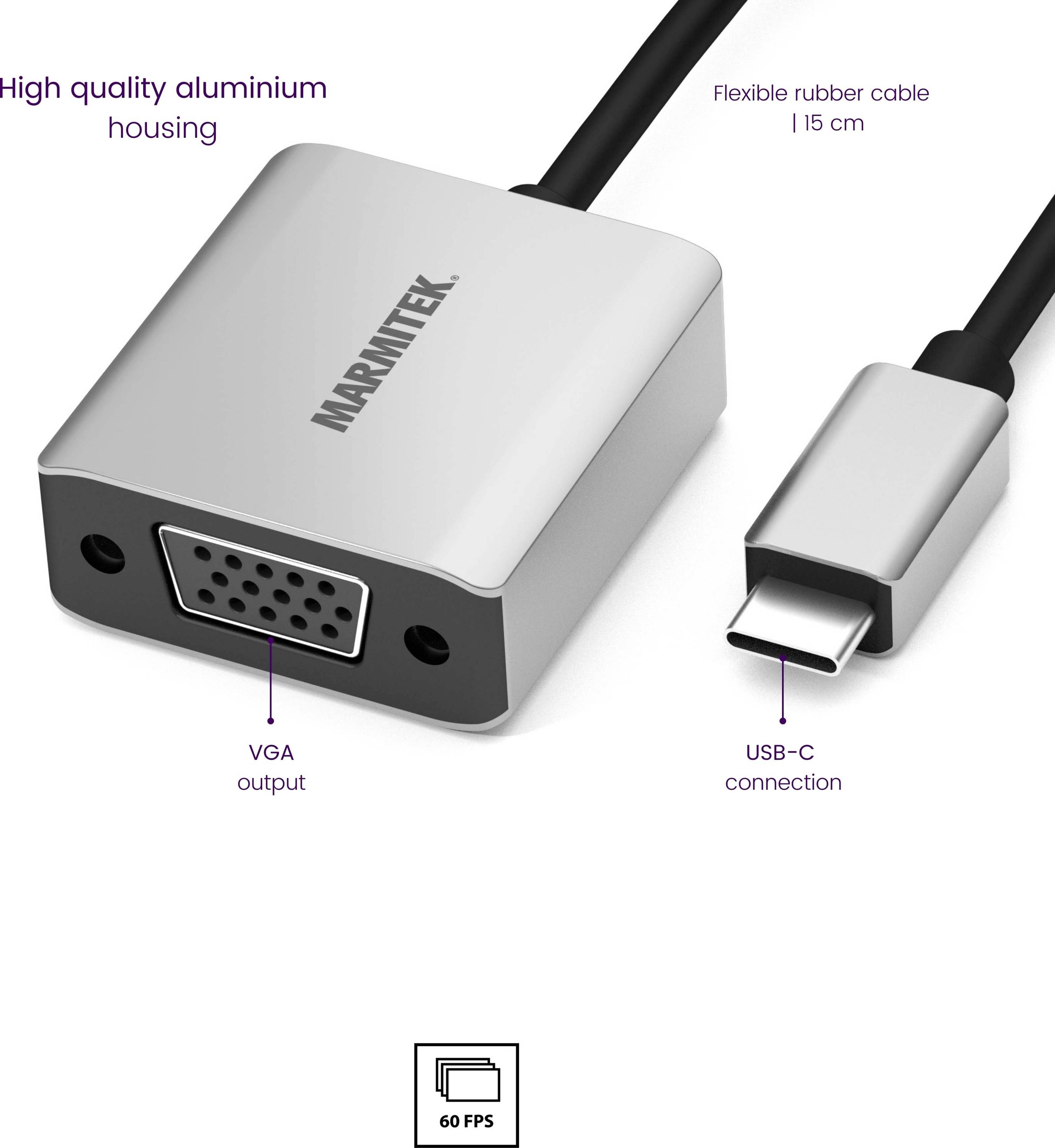 Adapter mit VGA-Ausgang und USB-C-Anschluss. Aluminiumgehäuse, 15 cm flexibles Gummikabel. Unterstützt 60 FPS.