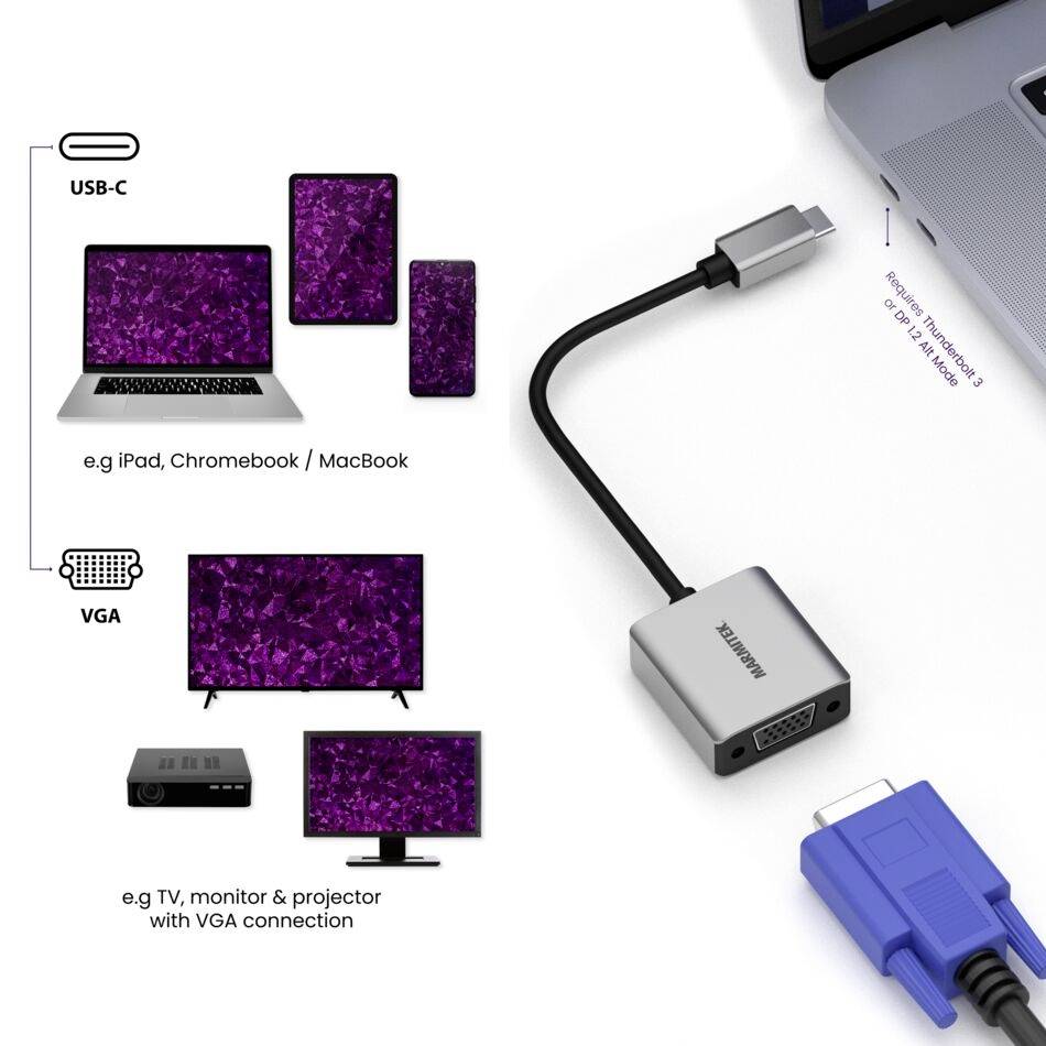 USB-C auf VGA Adapter verbindet Geräte wie MacBook mit VGA-Displays wie Monitore und Projektoren. Unterstützt 1080p Auflösung.