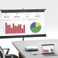 Präsentation auf Leinwand zeigt Balkendiagramm und Tortendiagramm mit Verkaufszahlen. Laptop und Beamer auf dem Tisch.