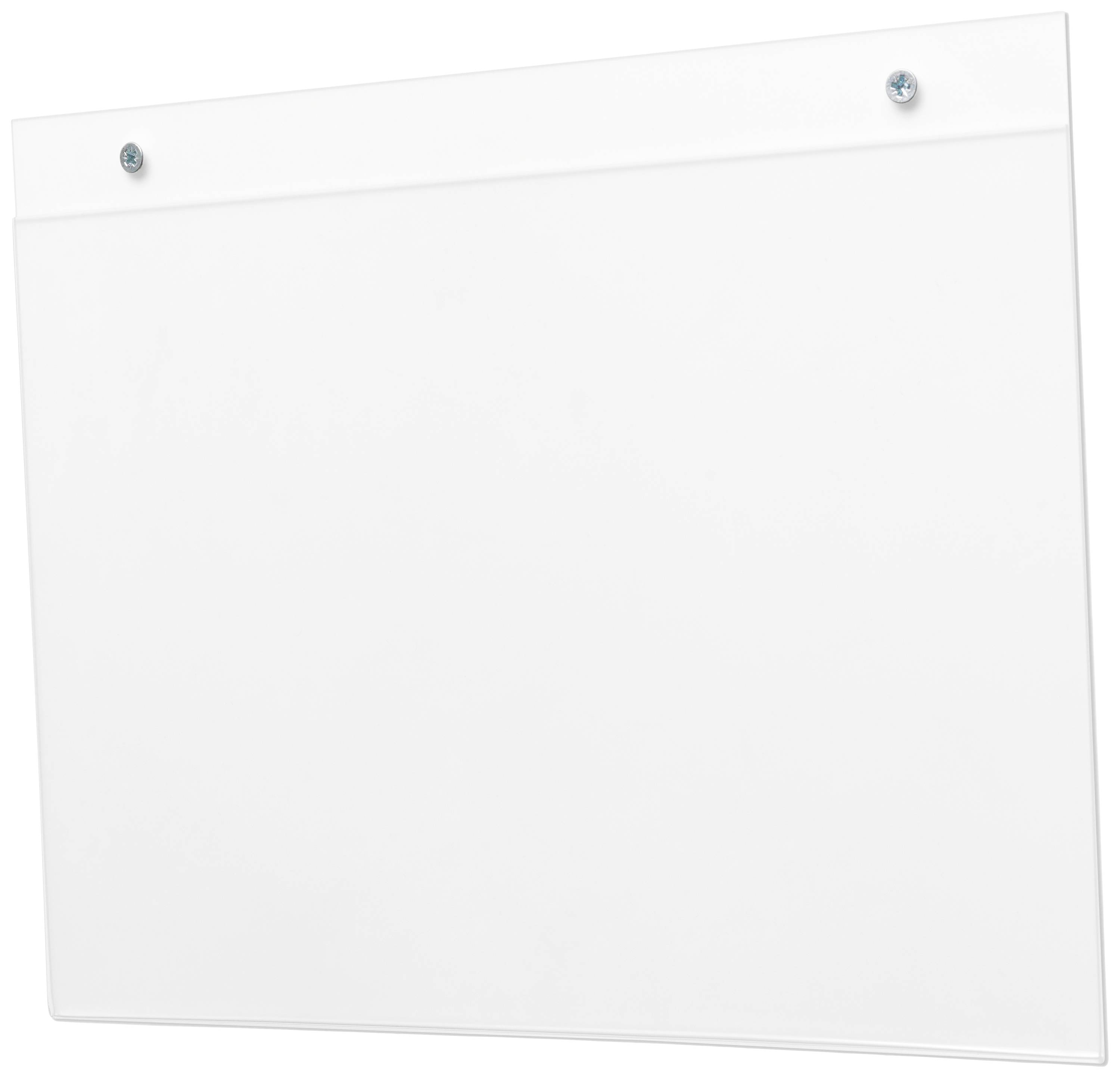 Ein leerer, weißer Wandschaukasten mit zwei Schrauben oben zur Befestigung, geeignet für Präsentationen oder Anzeigen.