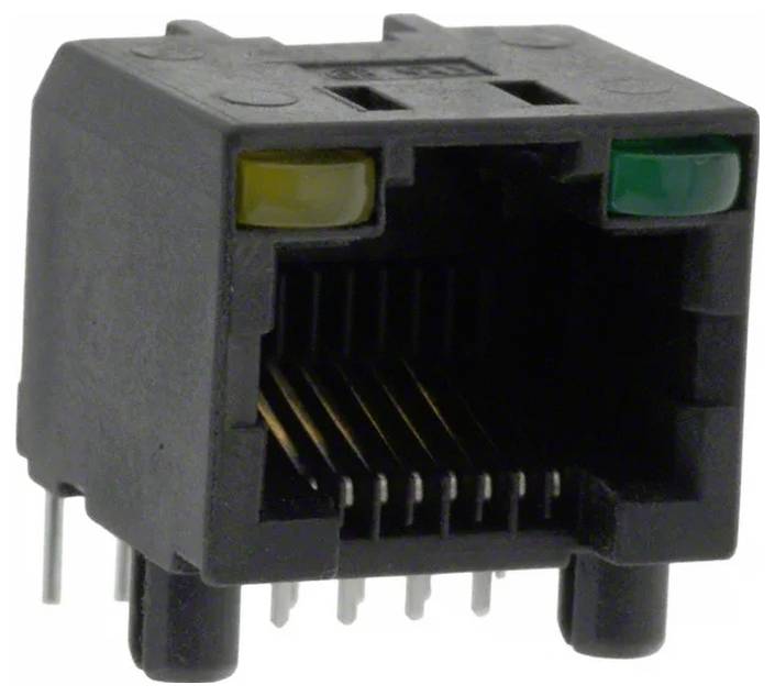 Ein schwarzer RJ45-Ethernet-Anschluss mit sichtbaren Metallkontakten und zwei LED-Indikatoren, gelb und grün, in den oberen Ecken.