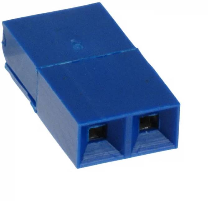 Ein blauer rechteckiger Elektrostecker mit zwei Buchsen, der zum Verbinden von Drähten in elektronischen Schaltkreisen verwendet wird.