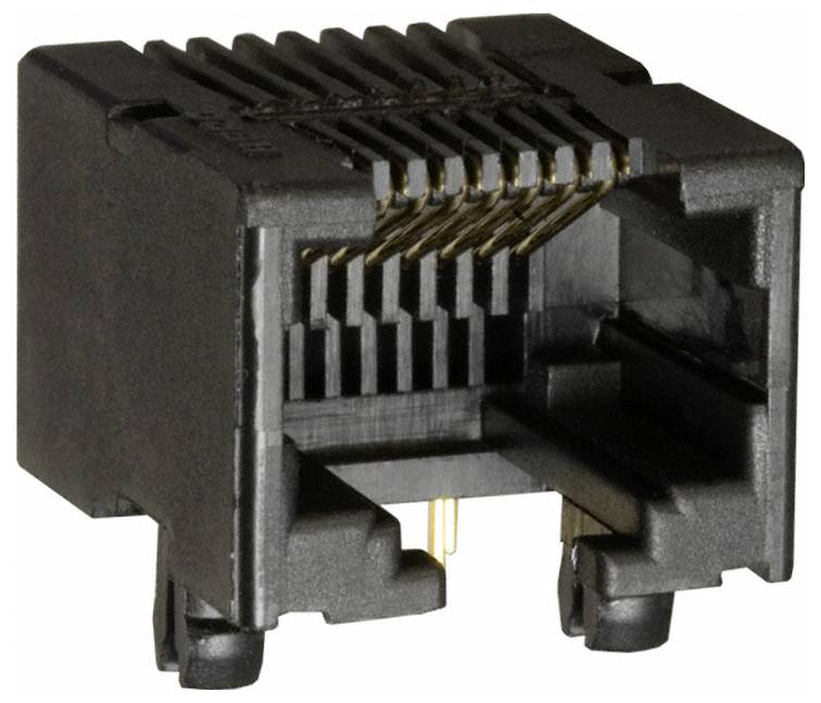 Eine Nahaufnahme eines schwarzen RJ45-Ethernet-Steckers mit sichtbaren Metallkontakten. Der Stecker ist für Netzwerkkabelverbindungen konzipiert.