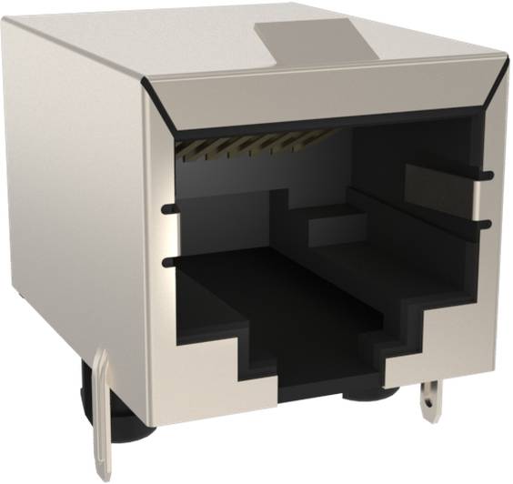 RJ45-Ethernet-Anschluss, schrägansicht, zeigt interne Stecker und Gehäusestruktur, wird für Netzwerkskabelverbindung in elektronischen Geräten verwendet.