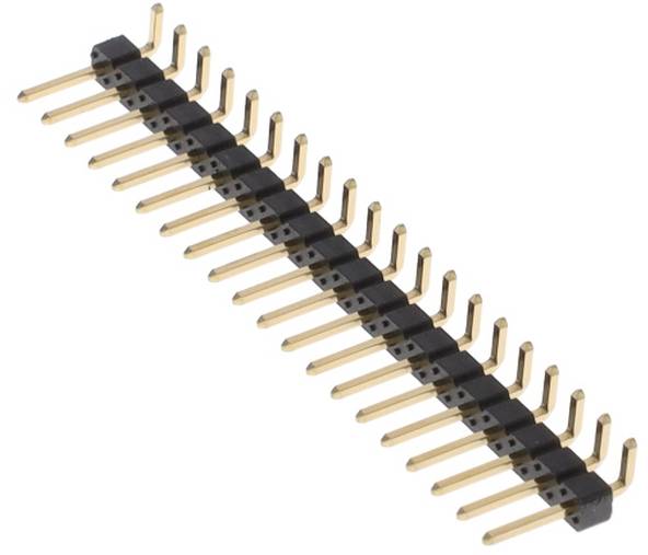 Ein Dual-Row-Stiftleistenverbinder mit mehreren vergoldeten Metallstiften, der zur Herstellung von elektrischen Verbindungen auf einer Leiterplatte verwendet wird.