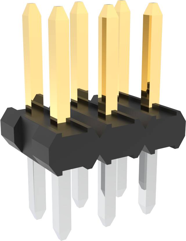 Ein 3x2 Stiftleiste mit vergoldeten Stiften für elektrische Verbindungen, montiert auf einer schwarzen Kunststoffbasis.