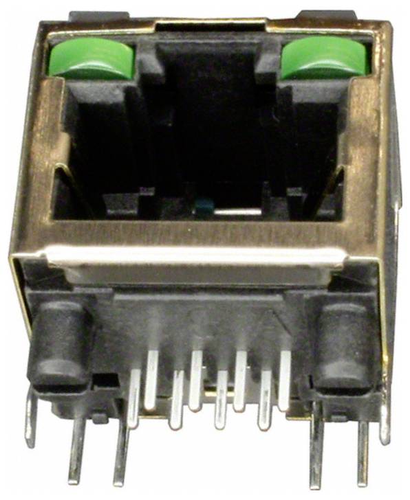 Ein Nahaufnahmebild eines RJ45-Ethernet-Anschlusses mit sichtbaren Metallsteckern und grünen Komponenten im Inneren, der für Netzwerkkabelverbindungen verwendet wird.