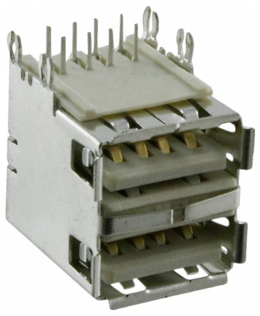 Ein Dual-USB-Anschluss mit Metallgehäuse und Kunststoffinneren, das vier Reihen von Stiften für elektronische Verbindungszwecke zeigt.