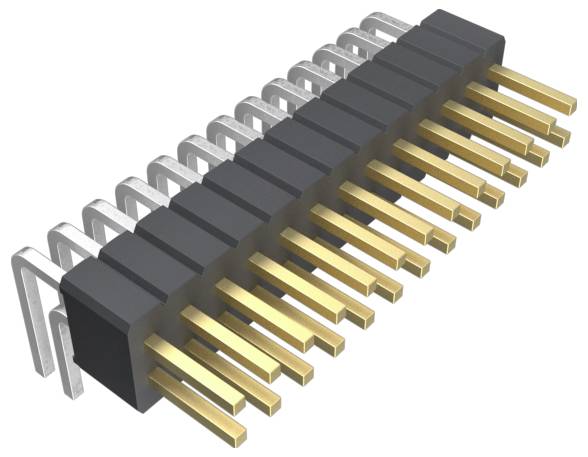 Ein Stiftleistenblock mit zwei Reihen vergoldeter Stifte und schwarzem Kunststoffgehäuse, verwendet zum Verbinden elektronischer Schaltungen auf einer Leiterplatte.