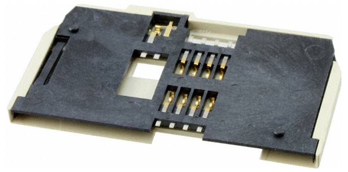 Eine Nahaufnahme eines schwarzen und beigen SIM-Kartenfachs, das seine Steckplätze und Anschlüsse zeigt, die zum Sichern und Verbinden mit einer SIM-Karte in einem Gerät verwendet werden.