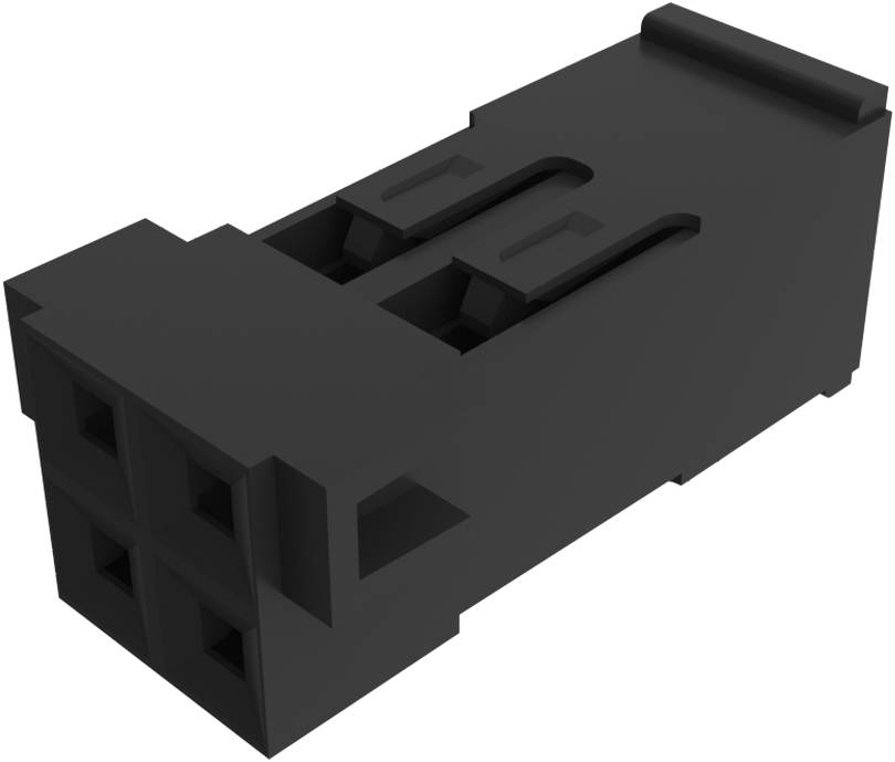 Schwarzer rechteckiger Stecker mit vier quadratischen Öffnungen und zwei Clips oben zur Befestigung.