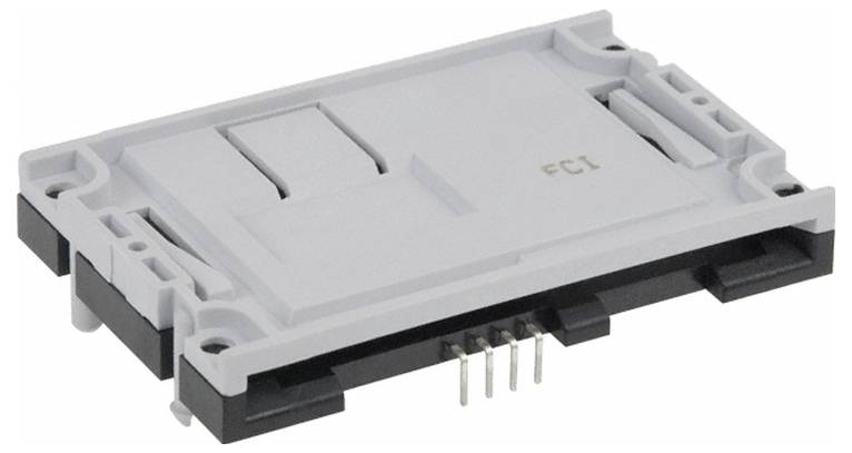 Ein Kartenenleser in Weiß und Schwarz mit Metallstiften auf der Unterseite, die zum Anschluss an elektronische Geräte verwendet werden.