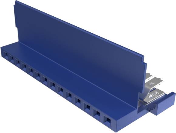 Ein blaues Kabelführungspanel mit Schlitzdesign zur Kabelorganisation. Es verfügt über eine Abdeckung und mehrere Öffnungen auf einer Seite für einfachen Zugang.