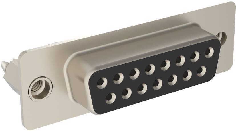 Ein 15-poliger D-Sub-Stecker mit Metallgehäuse und Schraubenlöchern auf jeder Seite. Wird für Videoanzeigeverbindungen oder andere Schnittstellen verwendet.