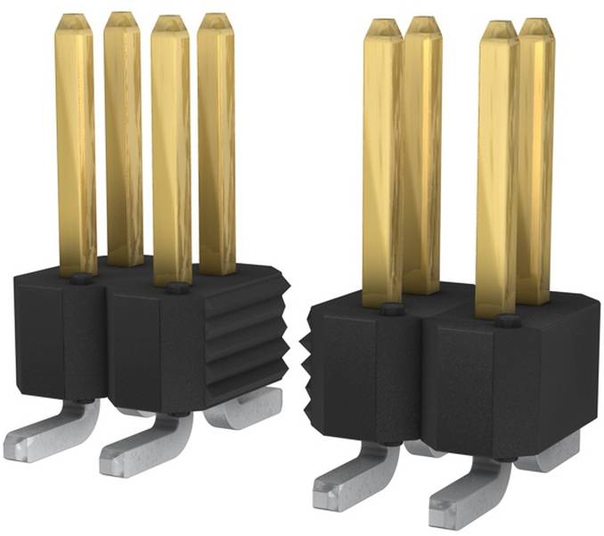 Zwei schwarze und goldene elektronische Steckverbinder mit mehreren Pins, die nach oben zeigen, stehend auf metallischen Beinen, konzipiert für die Verwendung auf Leiterplatten.