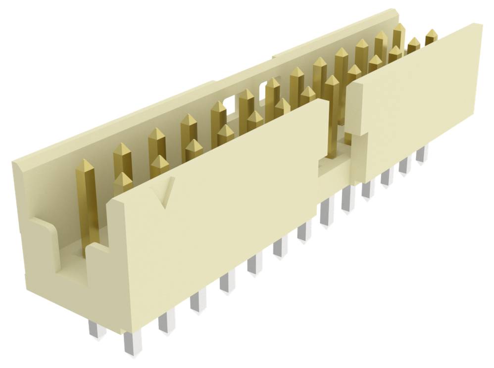 Ein schwarzer Kunststoff- und Goldmetall-Stecker mit fünf Pins, verwendet für Leiterplattenvverbindungen in elektronischen Geräten.