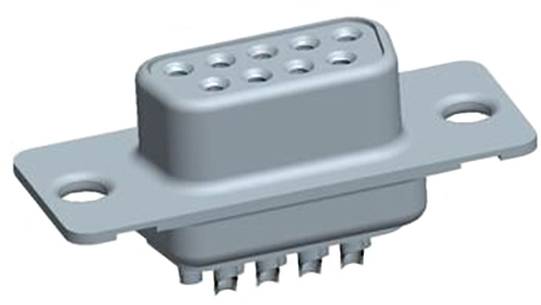 Eine Nahaufnahme eines grauen Elektrosteckers mit mehreren Kontaktstiften, aus verschiedenen Blickwinkeln dargestellt, mit zwei Befestigungslöchern auf den Seiten.