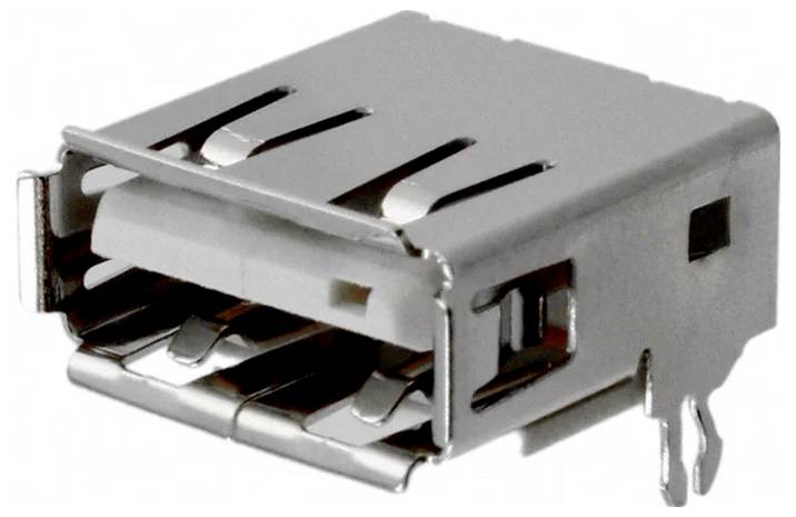 Eine Nahaufnahme eines silbernen USB-A-Anschlussverbinders, die die rechteckige Form und die internen Metallkontakte zeigt, die typischerweise für die Datenübertragung verwendet werden.