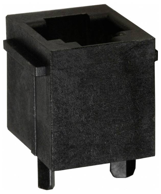 Eine schwarze, rechteckige elektronische Komponente mit hohler Mitte, wahrscheinlich ein Stecker oder eine Buchse, auf weißem Hintergrund platziert.