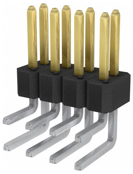 Ein elektrischer Stecker mit vergoldeten Kontakten, entwickelt für die Verwendung auf Leiterplatten, gezeigt in seitlicher Lage mit zwei sichtbaren Reihen von Kontakten.