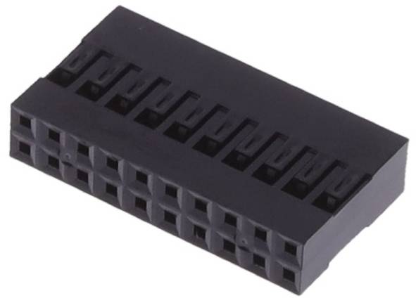Ein schwarzer Kunststoff-Rechteckstecker mit zwei Reihen zu je neun Schlitzen, der zur Aufnahme von elektrischen Stiften verwendet wird.