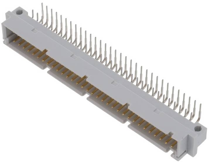 Ein grauer elektronischer Stecker mit mehreren Metallstiften, der zum Verbinden von Schaltkreisen in elektronischen Geräten verwendet wird.