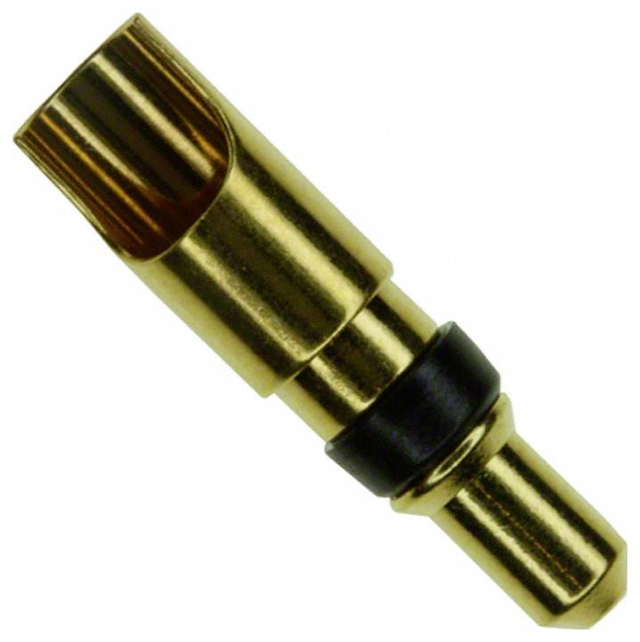 Ein goldener Steckverbinder in Kugelform mit schwarzem Ring, verwendet für elektrische Verbindungen.