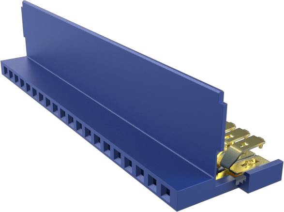Ein blauer Steckverbinder mit mehreren goldenen metallischen Stiften, konstruiert für Schaltungsverbindungen in elektronischen Geräten.
