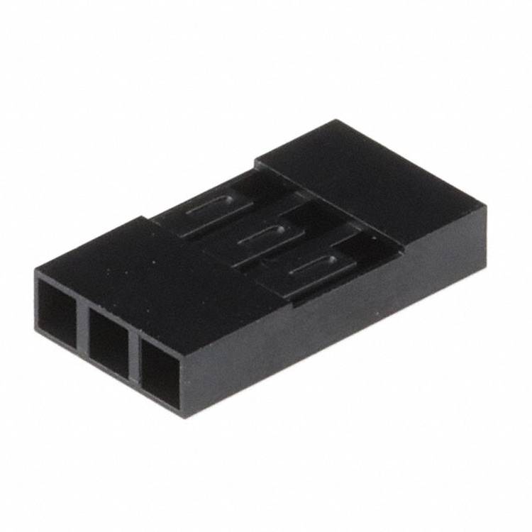 Ein 3-poliger schwarzer Kunststoff-Buchsenstecker für elektronische Schaltungen oder Kabel, auf weißem Hintergrund platziert.
