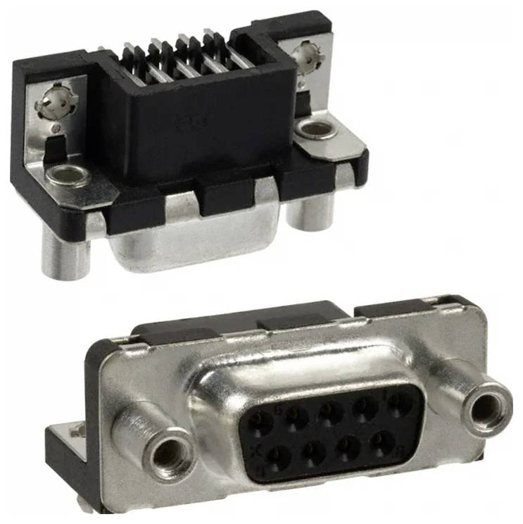 Ein schwarzer und silberner HF-Koaxialstecker mit mehreren Stiften, der zur Signalübertragung in elektronischen Geräten verwendet wird.