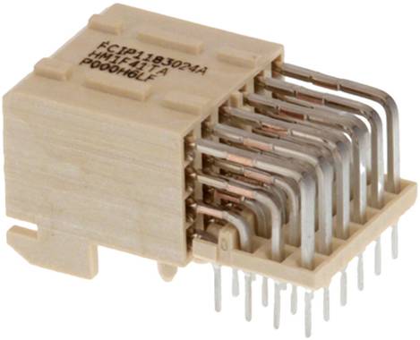 Ein beiger elektronischer Stecker mit mehreren Metallstiften, die nach außen ragen, wird zum Verbinden elektronischer Komponenten oder Geräte verwendet.