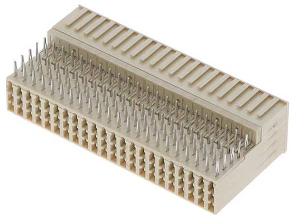 Ein rechteckiger elektronischer Stecker mit mehreren Metallstiften, die in Reihen angeordnet sind und zur Verbindung von Leiterplatten oder Komponenten verwendet werden.
