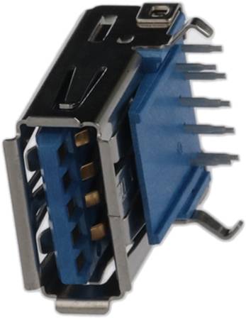 Das Bild zeigt eine USB-Typ-B-Buchse mit einem blauen Kunststoffinneren und metallischen Kontaktstiften, die zum Anschluss von Peripheriegeräten an Computer verwendet wird.