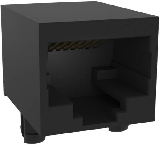 Eine schwarze RJ45-Buchse mit acht vergoldeten Kontakten im Inneren. Sie wird für Ethernet-Kabel und Netzwerkverbindungen verwendet.